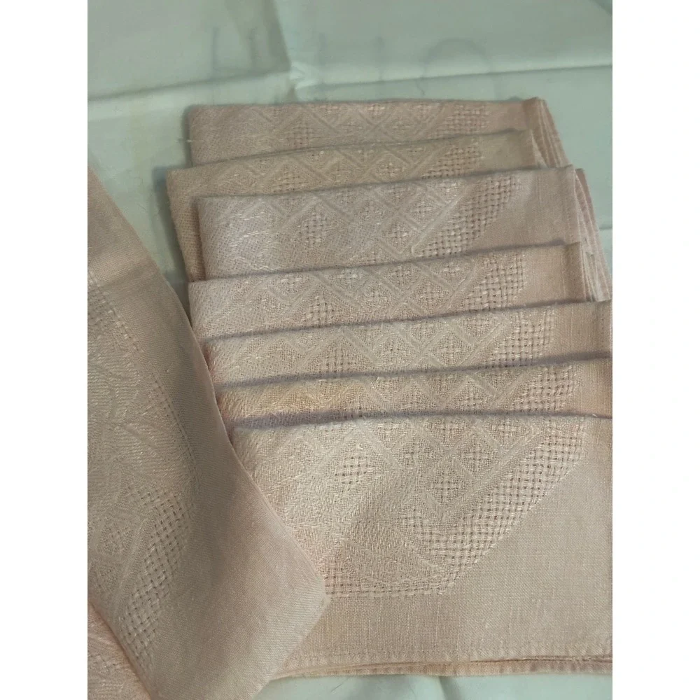Vintage Blush Pink Linen Damask Napkins Set of 8 Geometric Floral 16x16 Square